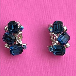 Lisner Clip Earrings with Blue Emerald Cut and clear Rhinestones